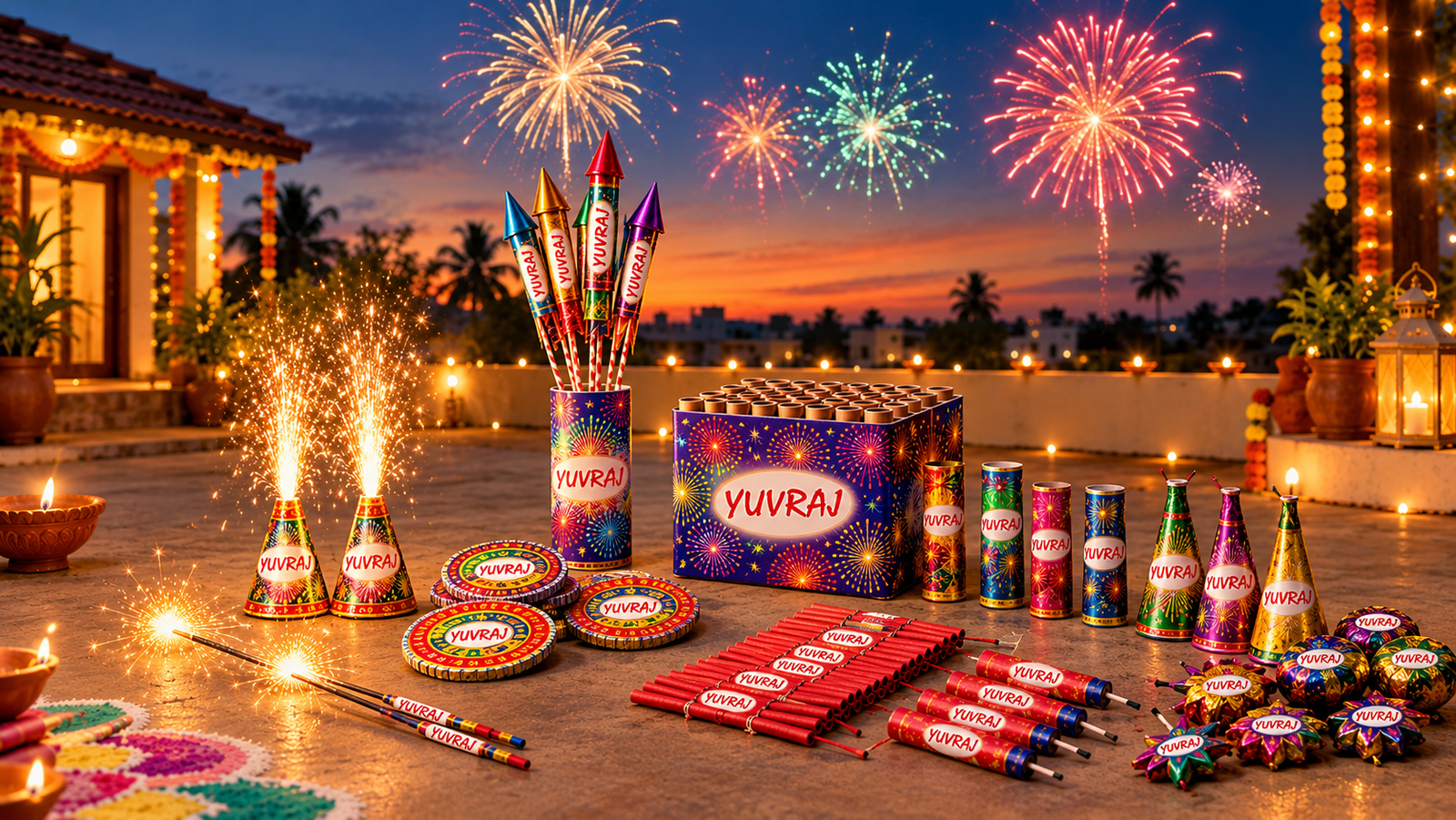 Diwali 2026 crackers by type including sparklers, flower pots, rockets, and sky shots